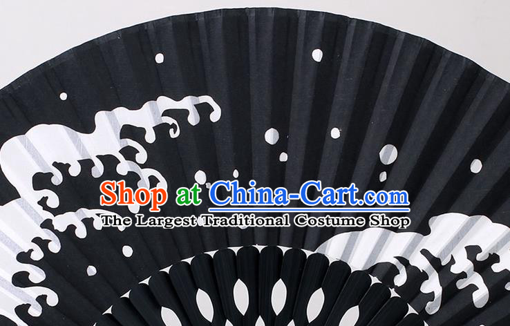 Traditional Chinese Handmade Printing Wave Black Silk Folding Fan China Accordion Fan Oriental Fan