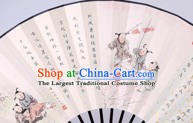 Traditional Chinese Handmade Playing Boys Paper Folding Fan China Wenge Accordion Fan Oriental Fan