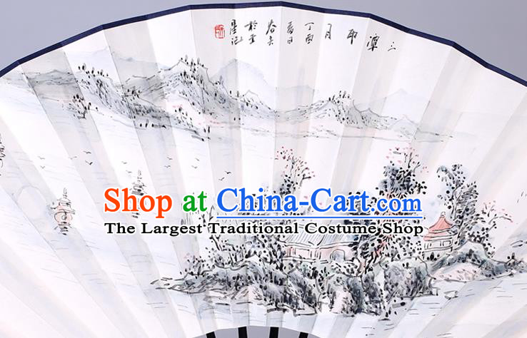 Traditional Chinese Handmade Painting West Lake Paper Folding Fan China Wood Accordion Fan Oriental Fan