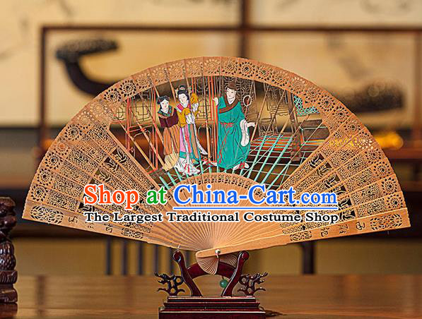 Traditional Chinese Hand Carving Romance of the Western Chamber Sandalwood Fan China Wood Accordion Folding Fan Oriental Fan