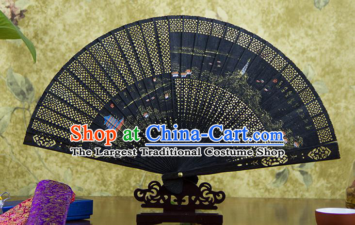 Traditional Chinese Hand Painting Landscape Ebony Fan China Accordion Folding Fan Oriental Fan