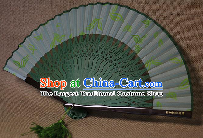Traditional Chinese Printing Leaf Green Silk Fan China Bamboo Accordion Folding Fan Oriental Fan