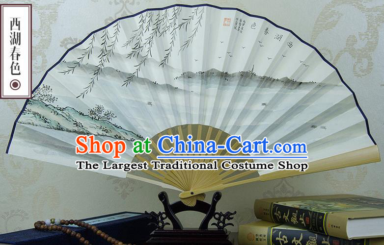 Traditional Chinese Hand Painting West Lake Spring Scenery Paper Fan China Accordion Folding Fan Oriental Fan