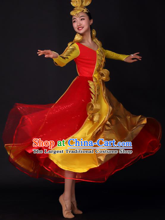 Chinese Traditional Opening Dance Golden Dress China Modern Dance Stage Performance Costume for Women