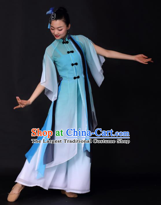 Chinese Traditional Classical Dance Blue Dress China Umbrella Dance Stage Performance Costume for Women