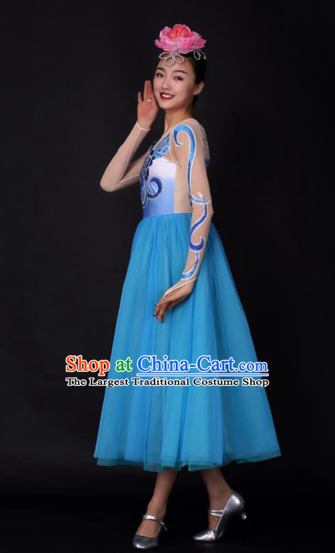 Professional Modern Dance Chorus Blue Dress Opening Dance Stage Performance Costume for Women