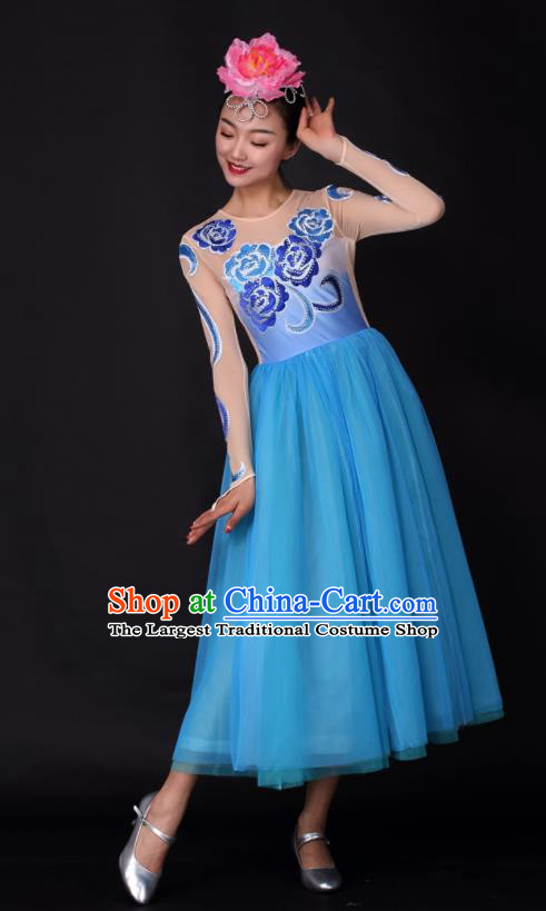 Professional Modern Dance Chorus Blue Dress Opening Dance Stage Performance Costume for Women