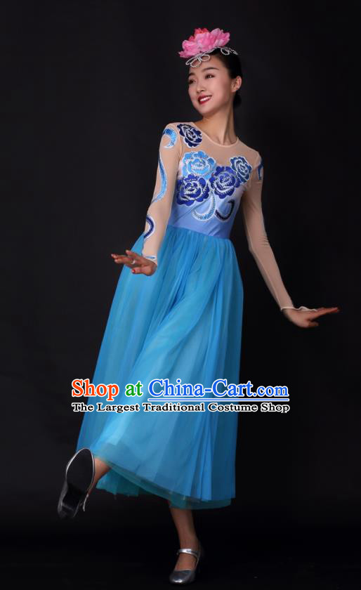 Professional Modern Dance Chorus Blue Dress Opening Dance Stage Performance Costume for Women