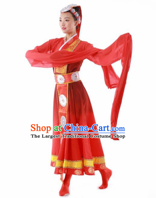 Chinese Tibetan Ethnic Dance Red Dress Traditional Zang Nationality Stage Performance Costume for Women