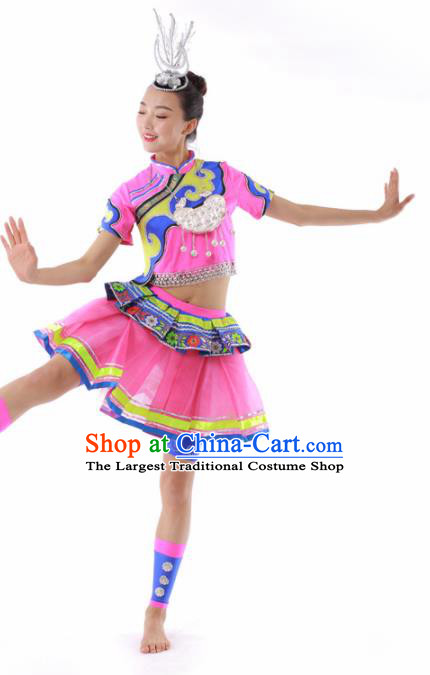 Chinese Miao Ethnic Dance Pink Short Dress Traditional Hmong Nationality Stage Performance Costume for Women