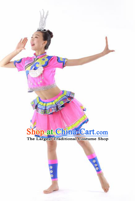 Chinese Miao Ethnic Dance Pink Short Dress Traditional Hmong Nationality Stage Performance Costume for Women