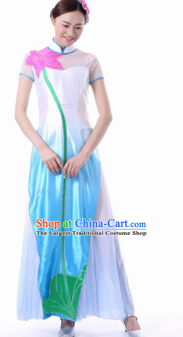 Chinese Classical Dance Blue Qipao Dress Traditional Fan Dance Stage Performance Costume for Women