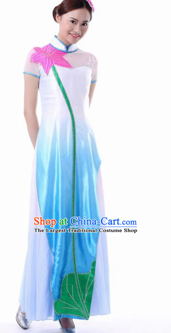 Chinese Classical Dance Blue Qipao Dress Traditional Fan Dance Stage Performance Costume for Women