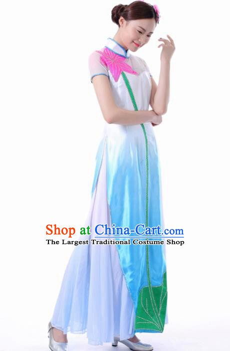 Chinese Classical Dance Blue Qipao Dress Traditional Fan Dance Stage Performance Costume for Women