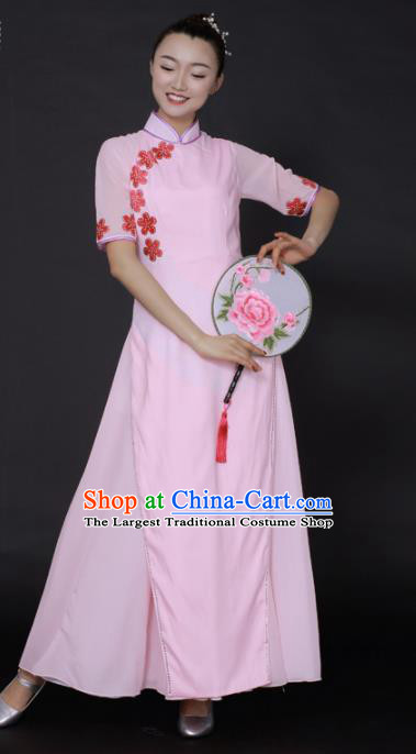 Chinese Fan Dance Pink Qipao Dress Traditional Classical Dance Stage Performance Costume for Women