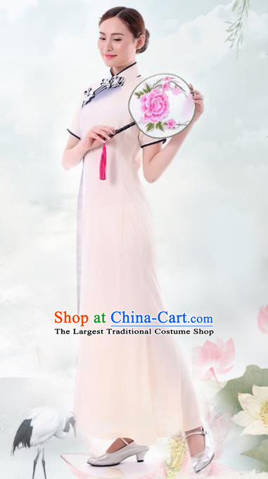 Chinese Fan Dance Beige Qipao Dress Traditional Classical Dance Stage Performance Costume for Women