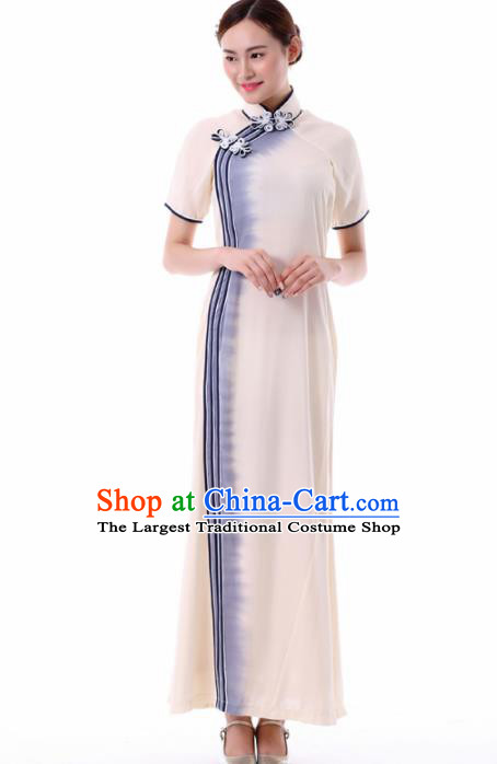 Chinese Fan Dance Beige Qipao Dress Traditional Classical Dance Stage Performance Costume for Women