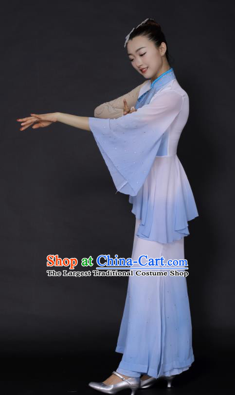 Chinese Traditional Fan Dance Blue Outfits Folk Dance Stage Performance Costume for Women
