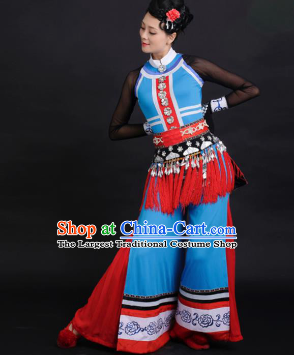 Chinese Tujia Ethnic Dance Blue Dress Traditional Yi Nationality Stage Performance Costume for Women