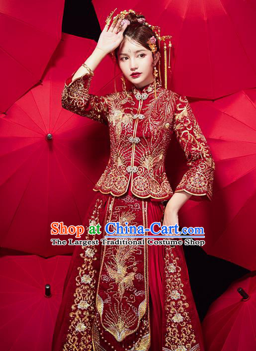 Chinese Traditional Purplish Red Xiuhe Suits Wedding Dress Ancient Bride Embroidered Costume for Women