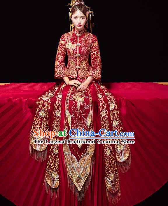 Chinese Traditional Purplish Red Xiuhe Suits Wedding Dress Ancient Bride Embroidered Costume for Women