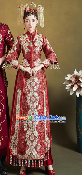 Chinese Traditional Embroidered Purplish Red Xiuhe Suits Wedding Dress Ancient Bride Costume for Women