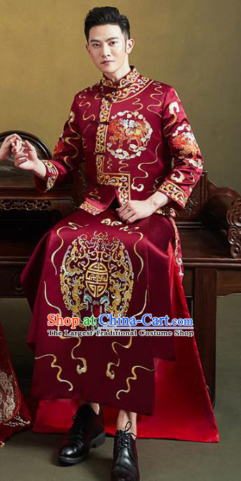 Chinese Traditional Embroidered Mandarin Jacket and Robe Wedding Tang Suit Ancient Bridegroom Costume for Men
