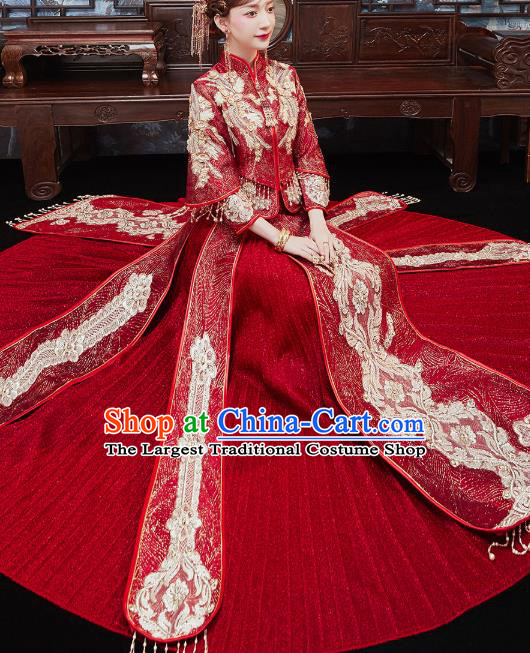 Chinese Traditional Embroidered Wine Red Xiuhe Suits Wedding Dress Ancient Bride Costume for Women