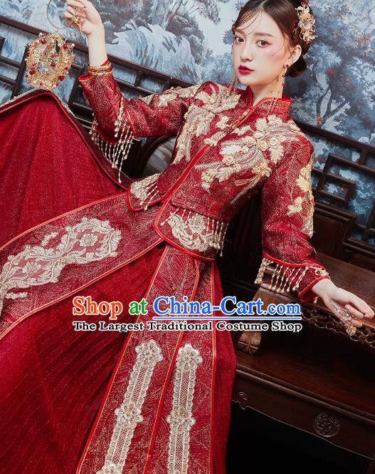 Chinese Traditional Embroidered Wine Red Xiuhe Suits Wedding Dress Ancient Bride Costume for Women