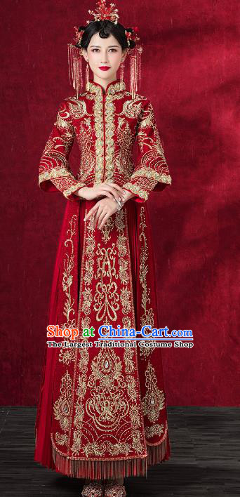 Chinese Traditional Embroidered Red Xiuhe Suits Wedding Dress Ancient Bride Costume for Women