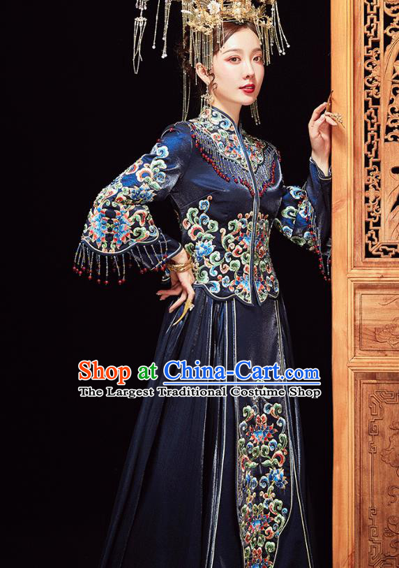 Chinese Traditional Embroidered Navy Xiuhe Suits Wedding Dress Ancient Bride Costume for Women