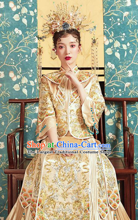 Chinese Traditional Embroidered Golden Xiuhe Suits Wedding Dress Ancient Bride Costume for Women