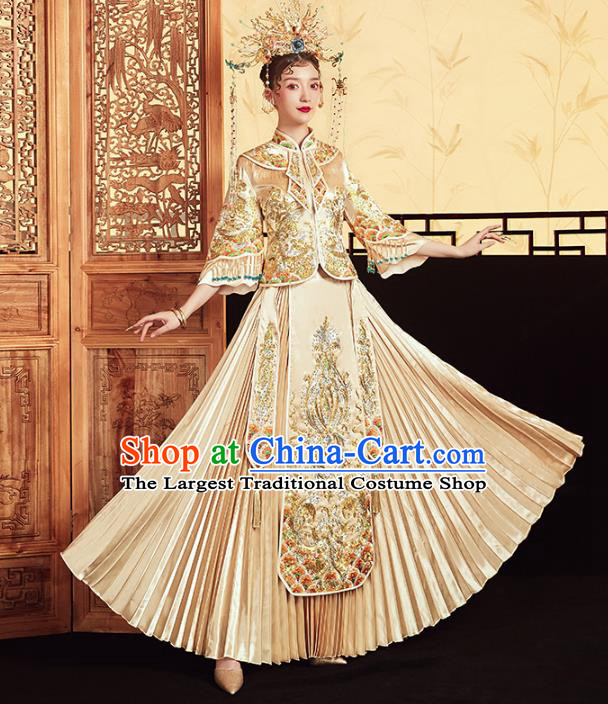 Chinese Traditional Embroidered Golden Xiuhe Suits Wedding Dress Ancient Bride Costume for Women