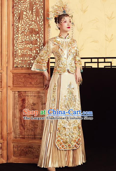 Chinese Traditional Embroidered Golden Xiuhe Suits Wedding Dress Ancient Bride Costume for Women