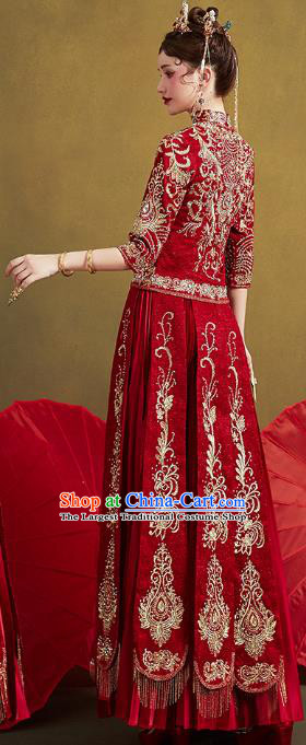 Chinese Traditional Embroidered Diamante Red Xiuhe Suits Wedding Dress Ancient Bride Costume for Women