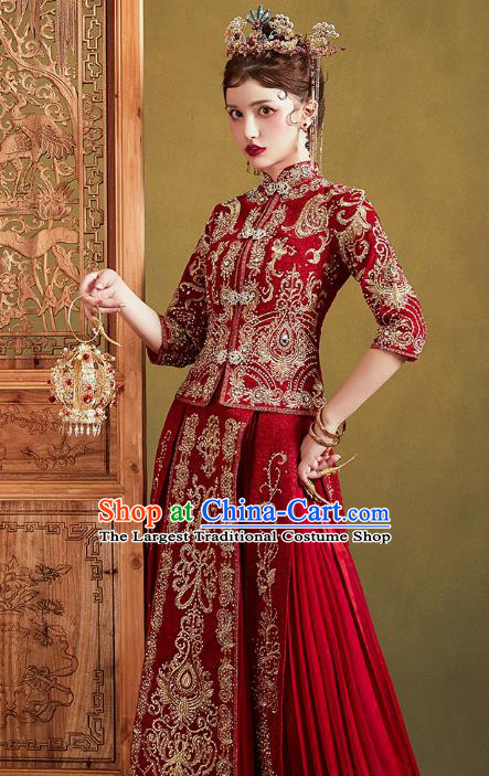 Chinese Traditional Embroidered Diamante Red Xiuhe Suits Wedding Dress Ancient Bride Costume for Women