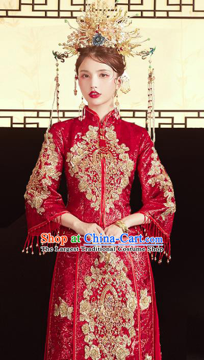 Chinese Traditional Embroidered Red Paillette Xiuhe Suits Wedding Dress Ancient Bride Costume for Women