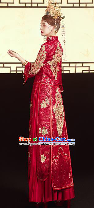 Chinese Traditional Embroidered Red Paillette Xiuhe Suits Wedding Dress Ancient Bride Costume for Women