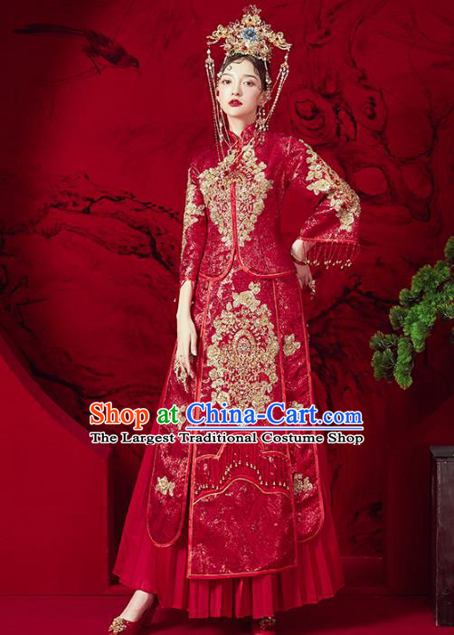 Chinese Traditional Embroidered Red Diamante Xiuhe Suits Wedding Dress Ancient Bride Costume for Women