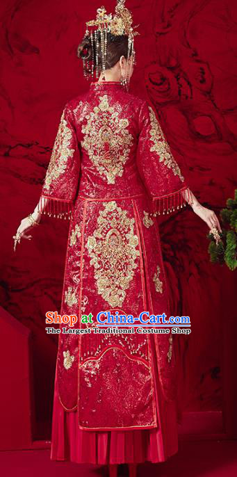 Chinese Traditional Embroidered Red Diamante Xiuhe Suits Wedding Dress Ancient Bride Costume for Women