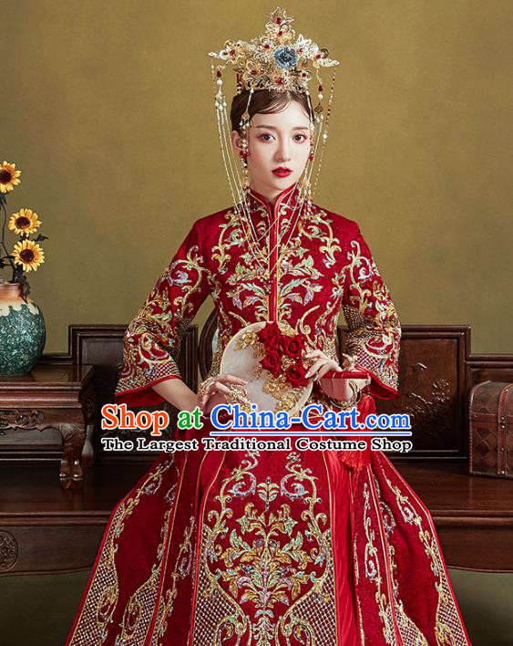 Chinese Traditional Embroidered Red Xiuhe Suits Wedding Dress Ancient Bride Costume for Women