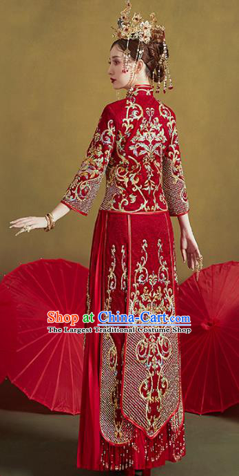 Chinese Traditional Embroidered Red Xiuhe Suits Wedding Dress Ancient Bride Costume for Women