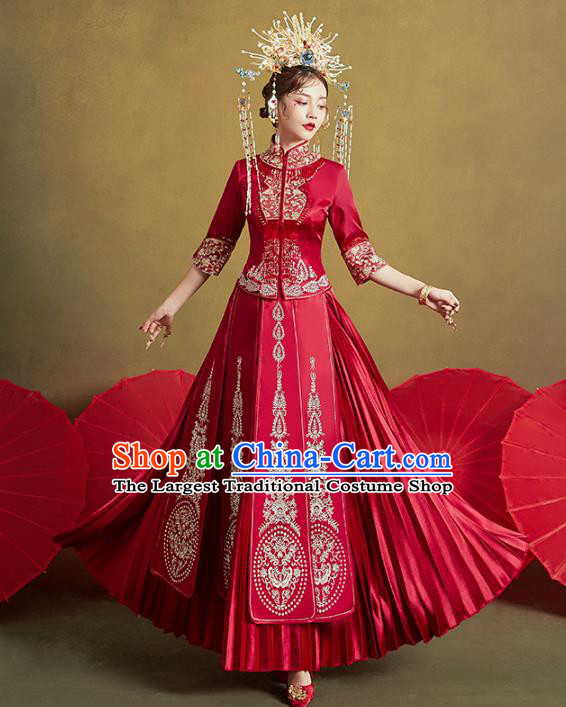 Chinese Traditional Embroidered Diamante Xiuhe Suits Wedding Dress Ancient Bride Costume for Women