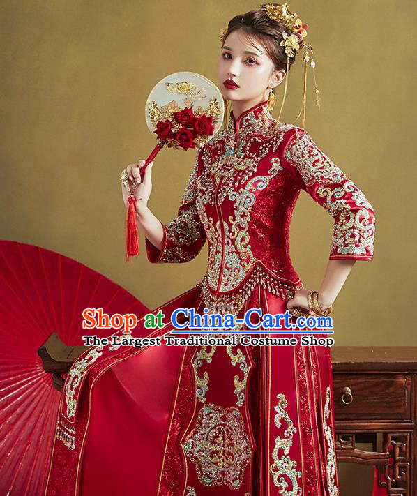 Chinese Traditional Embroidered Diamante Tassel Xiuhe Suits Wedding Dress Ancient Bride Costume for Women