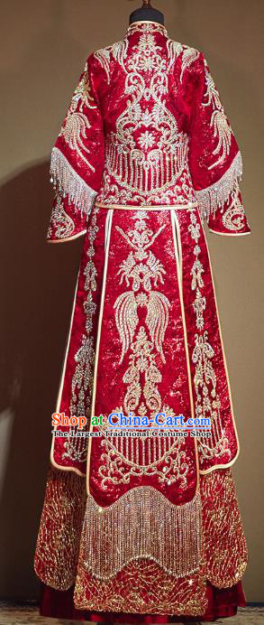 Chinese Traditional Embroidered Red Diamante Tassel Xiuhe Suits Wedding Dress Ancient Bride Costume for Women