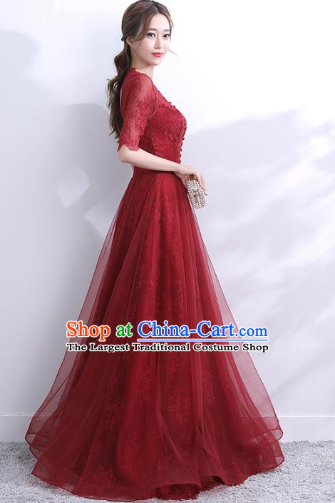 Professional Modern Dance Bride Wine Red Full Dress Compere Stage Performance Costume for Women