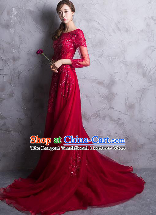 Professional Modern Dance Bride Red Trailing Full Dress Compere Stage Performance Costume for Women