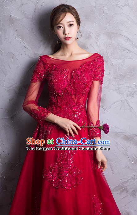 Professional Modern Dance Bride Red Trailing Full Dress Compere Stage Performance Costume for Women