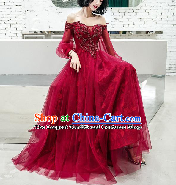 Professional Modern Dance Bride Wine Red Off Shoulder Full Dress Compere Stage Performance Costume for Women