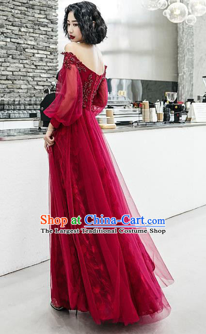 Professional Modern Dance Bride Wine Red Off Shoulder Full Dress Compere Stage Performance Costume for Women